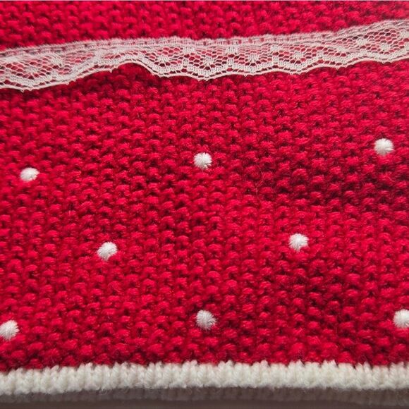 Tahari Baby Red Crochet Knitted Dress Lace Trim Beanie Hat Velvet Bow Infant Cap - Picture 9 of 10